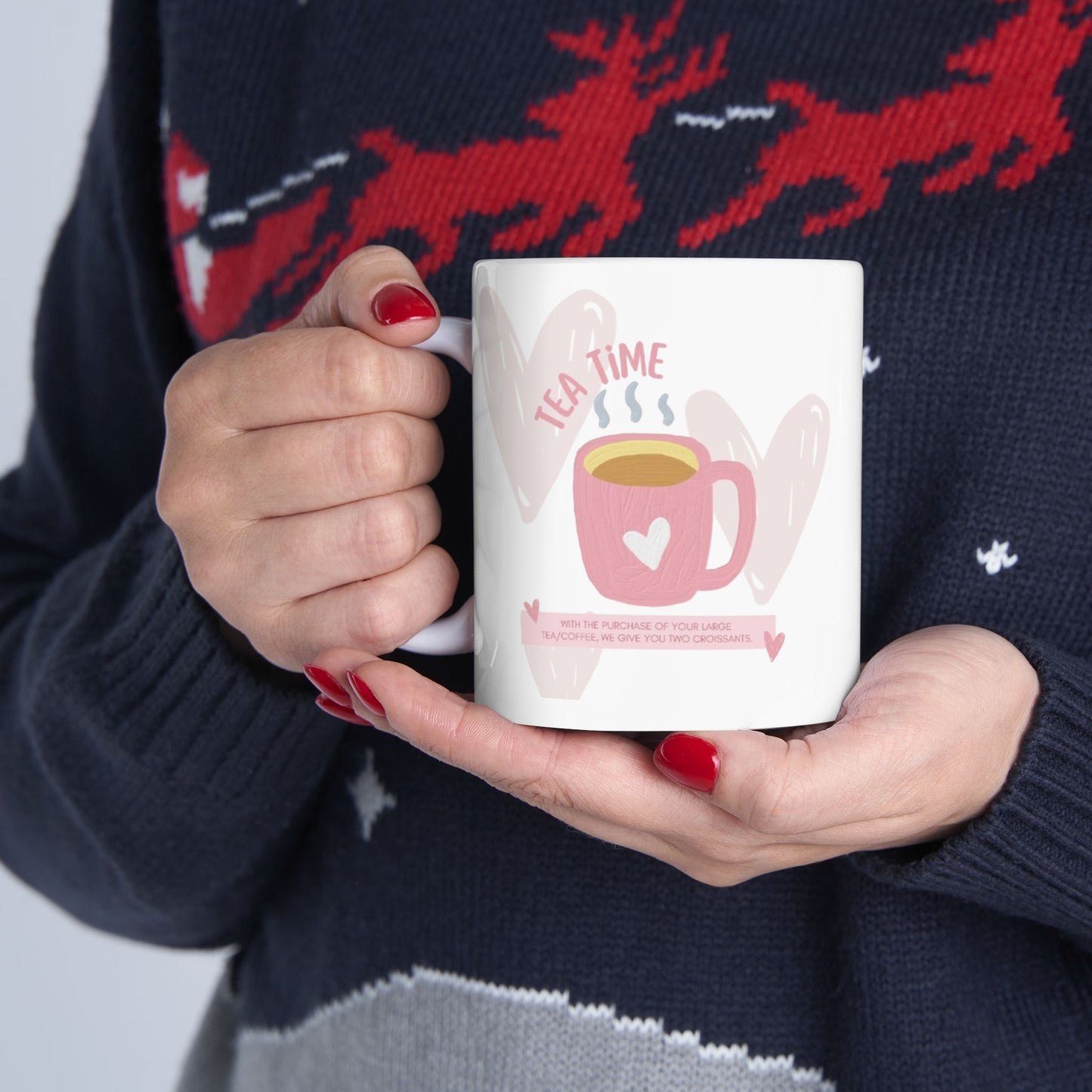 Cute Tea Time Ceramic Mug | Heart Design Coffee Cup | Perfect Gift for Tea Lovers, Cozy Vibes