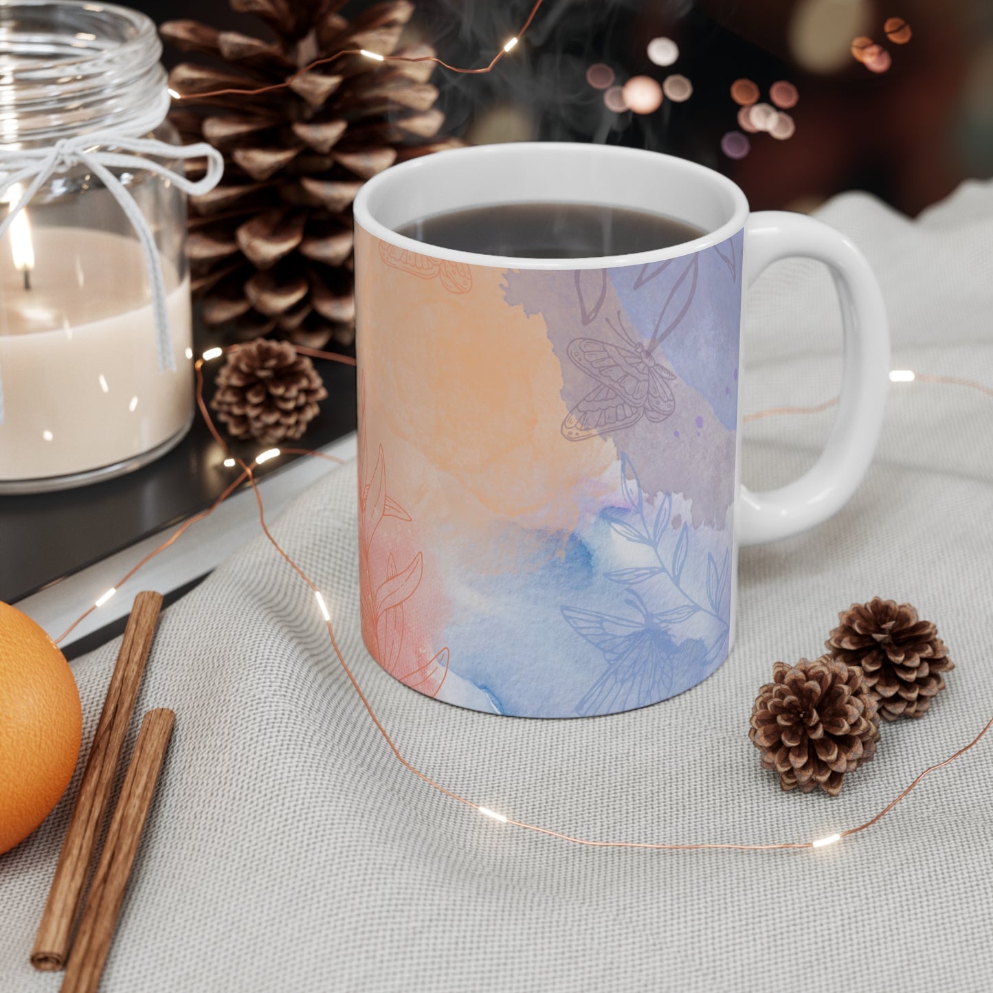 Floral Artwork 11oz White Mug for Cozy Moments, Gift for Friends, Coffee Lovers, Affirmation Mug, Floral Design