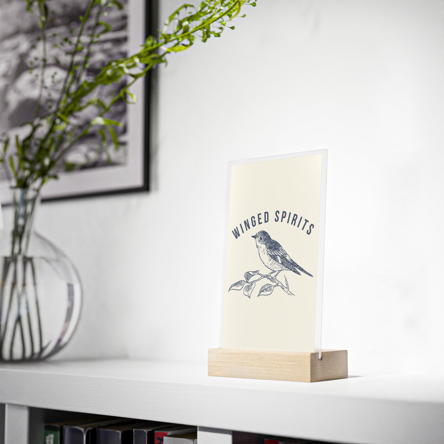 Elegant Acrylic Sign with Wooden Stand, Inspirational Home Decor, Winged Spirits Decor, Bird Art Display, Nature Gift