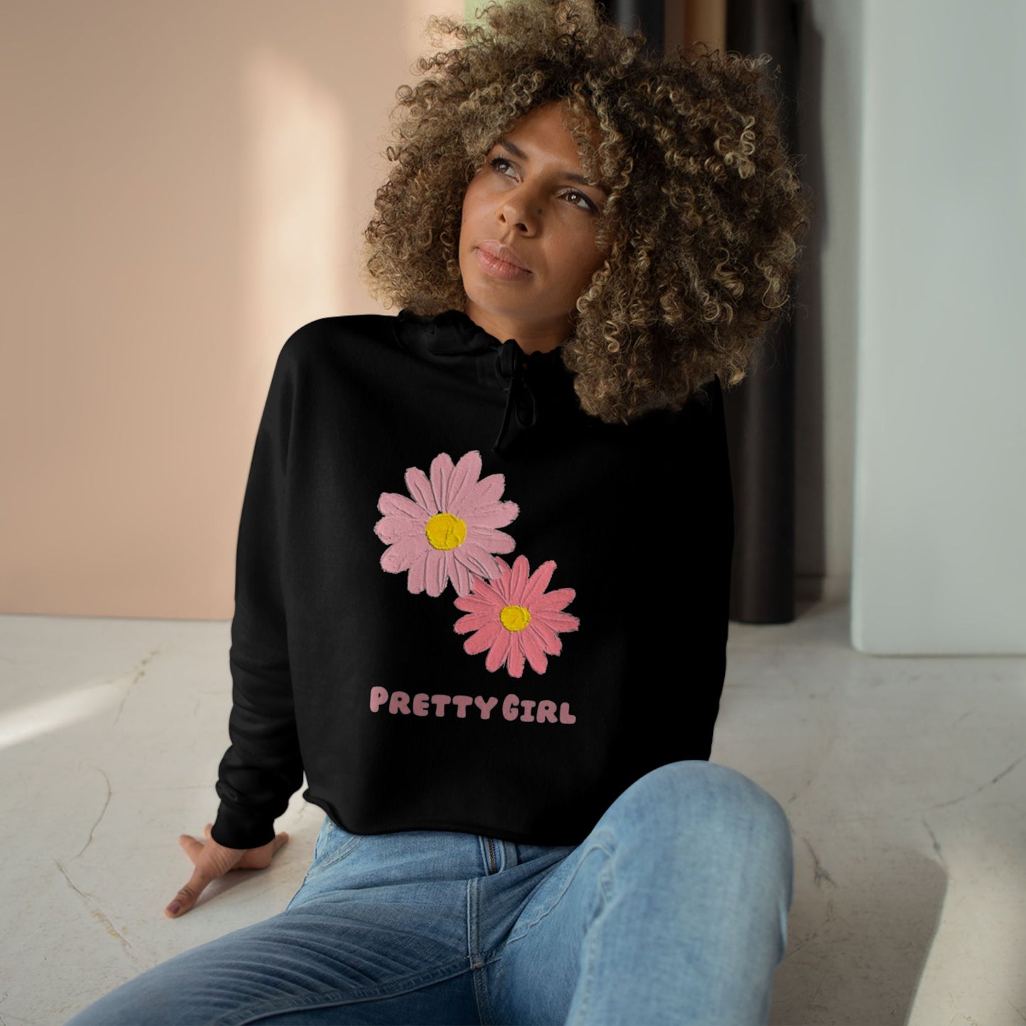 Pretty Girl Crop Hoodie with Cute Floral Design, Stylish Women's Apparel, Trendy Streetwear, Spring Fashion, Gift for Her