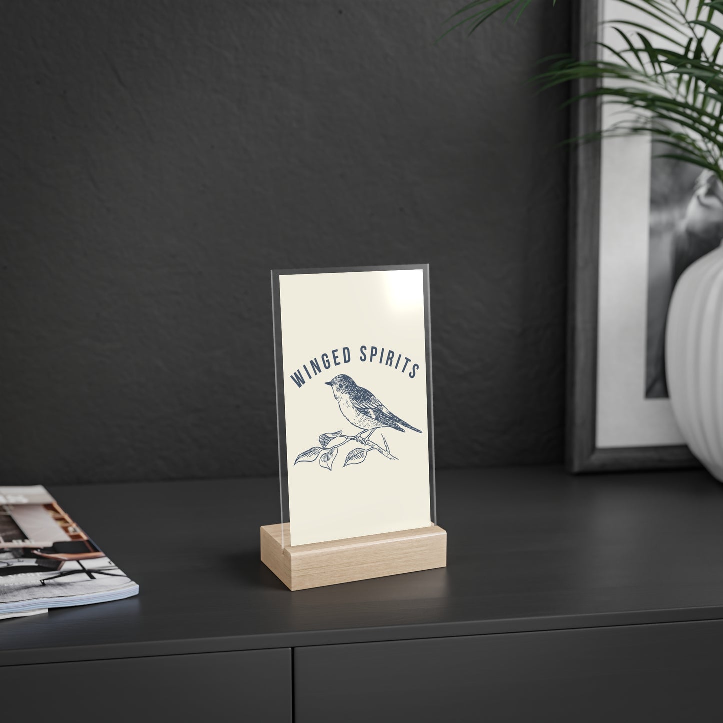 Elegant Acrylic Sign with Wooden Stand, Inspirational Home Decor, Winged Spirits Decor, Bird Art Display, Nature Gift